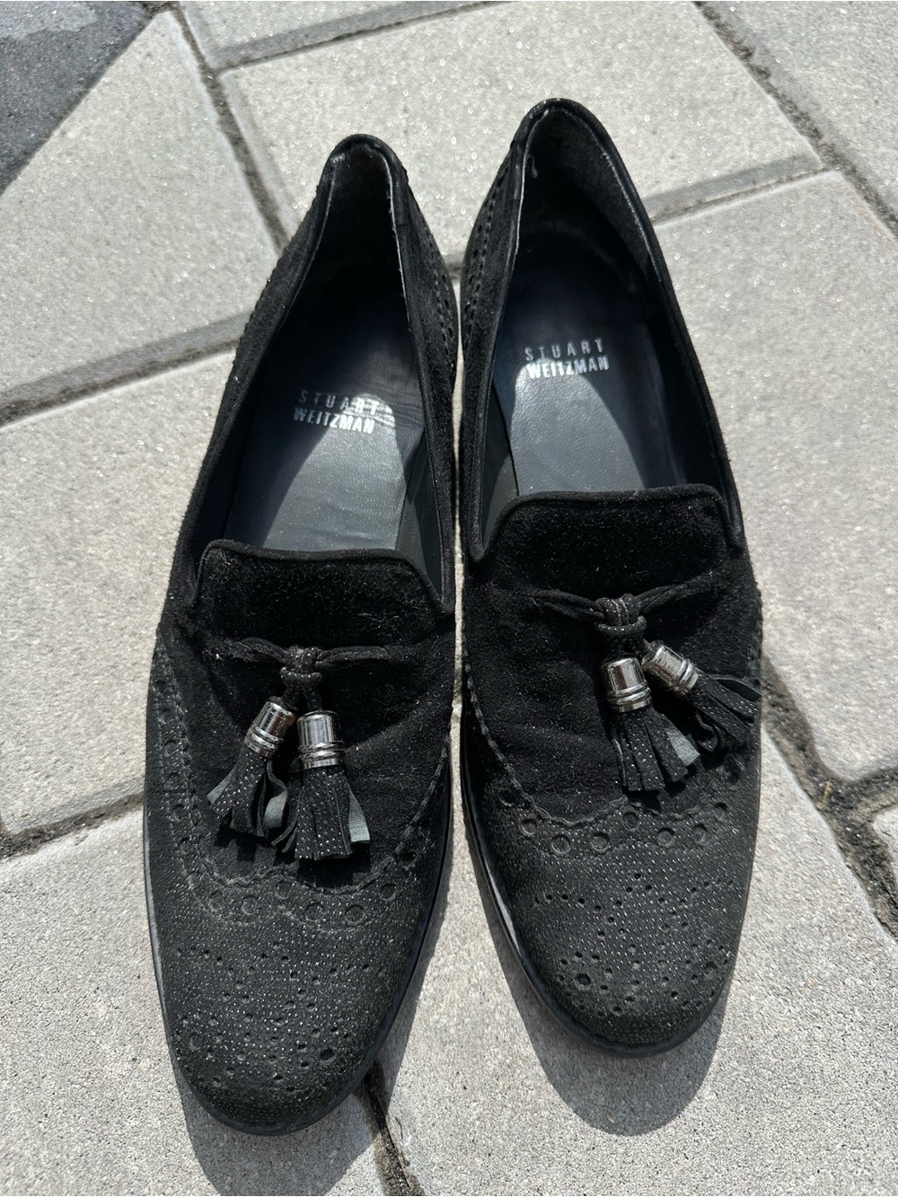 Stuart Weitzman Black Suede Tassel Loafers women size 7